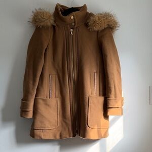 Trina Turk Tan Wool Coat with Coyote Fur Hood